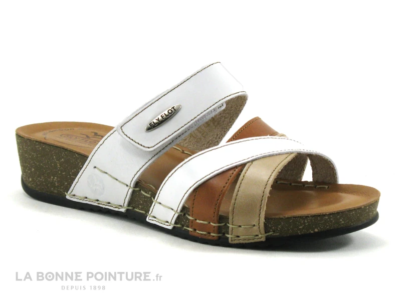 Fly Flot FLAMINGO Blanc Marron Beige - Mule Talon Compense 1 Fly Flot FLAMINGO Blanc Marron Beige - Mule Talon Compense